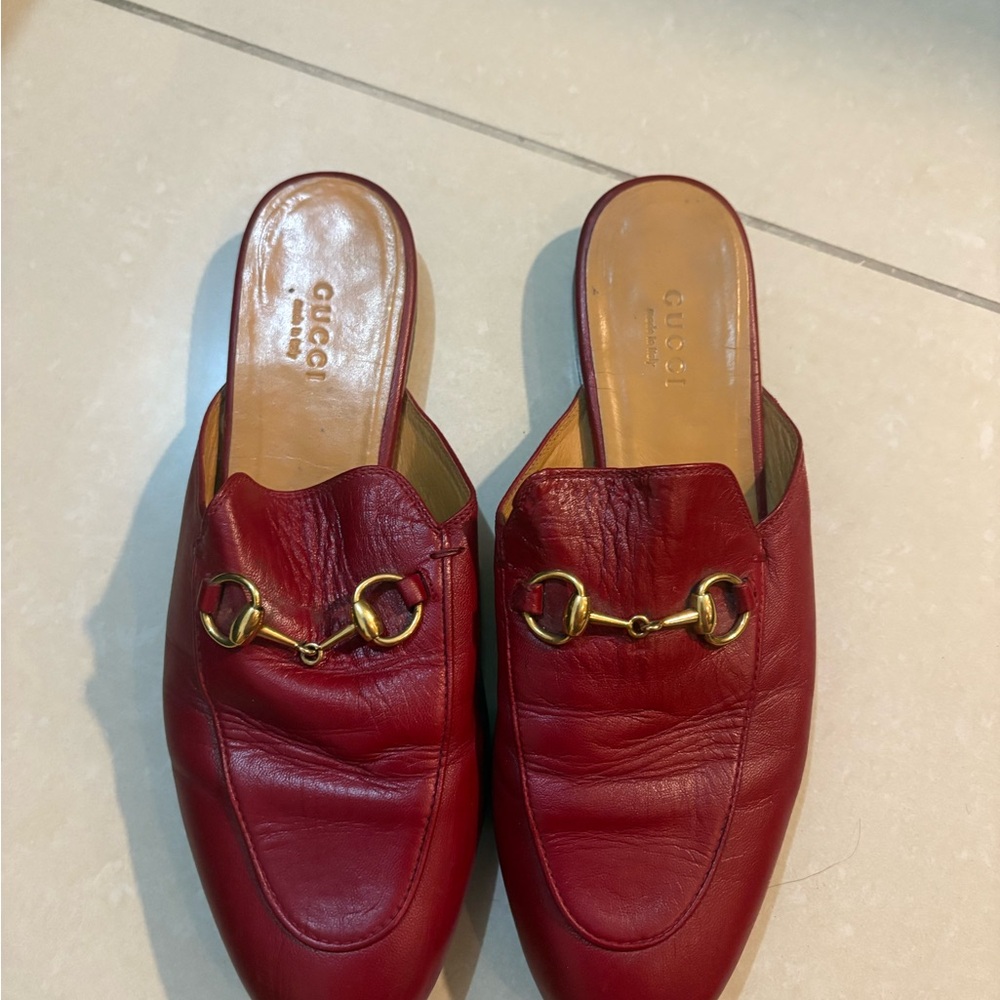 Gucci Women's Red Leather Mules with Gold Accents